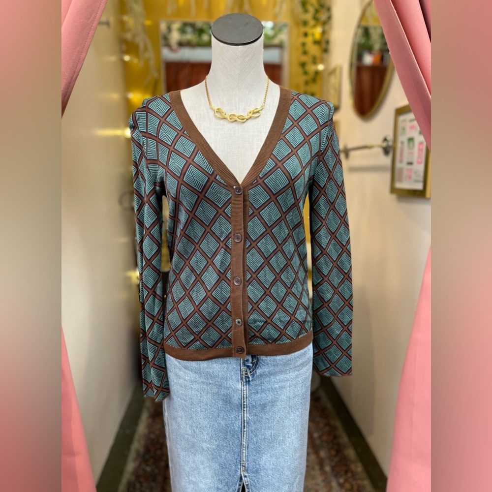Marni Jaquard Turquoise and Brown Geometric Cardigan